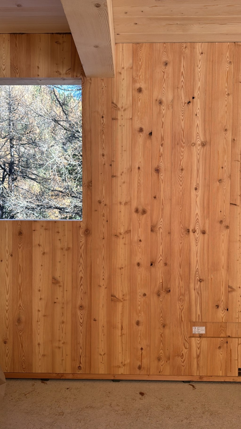 Parete interna in legno massello dai toni caldi con venature marcate, accanto a una finestra stretta che offre una vista sulle chiome degli alberi dall'aspetto invernale.