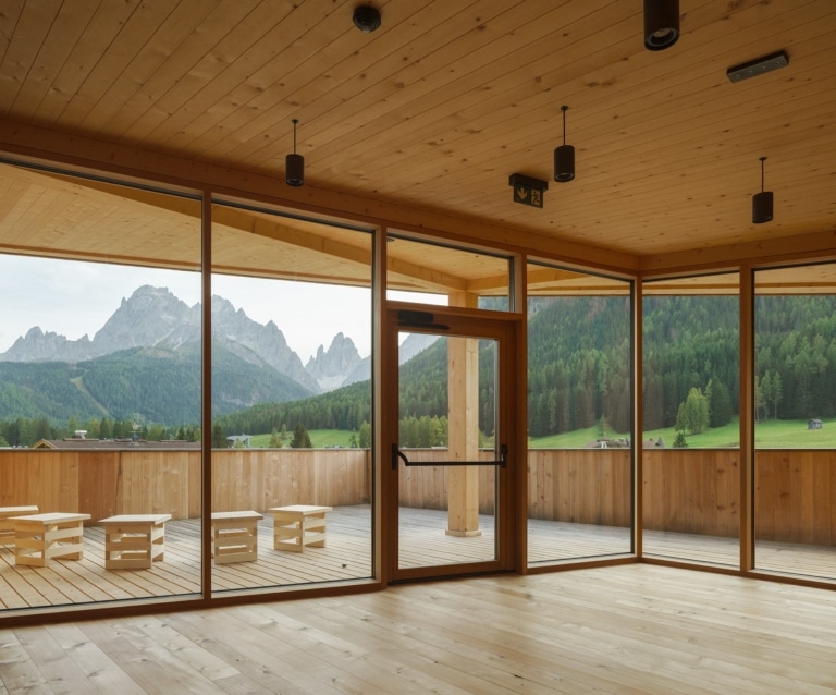 Un interno spazioso realizzato in legno, caratterizzato da materiali caldi e da una struttura lineare: ampie vetrate aprono lo spazio sulla terrazza perimetrale e offrono una vista su un paesaggio alpino con prati, boschi e imponenti cime montuose. Mobili in legno dalle linee semplici e un design essenziale sottolineano il legame tra l'interno e la natura.