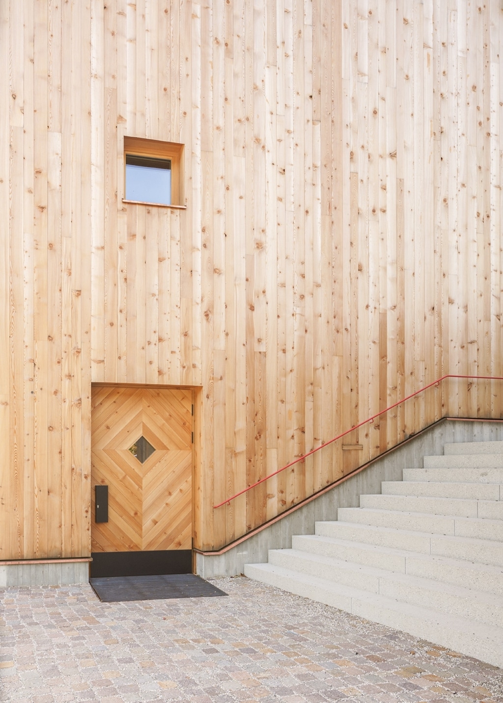 Un ingresso dalle linee pulite, caratterizzato da una facciata in legno di grande impatto e dall'effetto sobrio dei materiali: la parete esterna in legno, strutturata verticalmente, fa da sfondo a una porta dal design deciso, con motivi geometrici e una piccola finestra. Sul lato, un'ampia scalinata in cemento con una raffinata ringhiera in metallo conduce all'ingresso, mentre il piazzale pavimentato definisce il passaggio verso l'edificio.