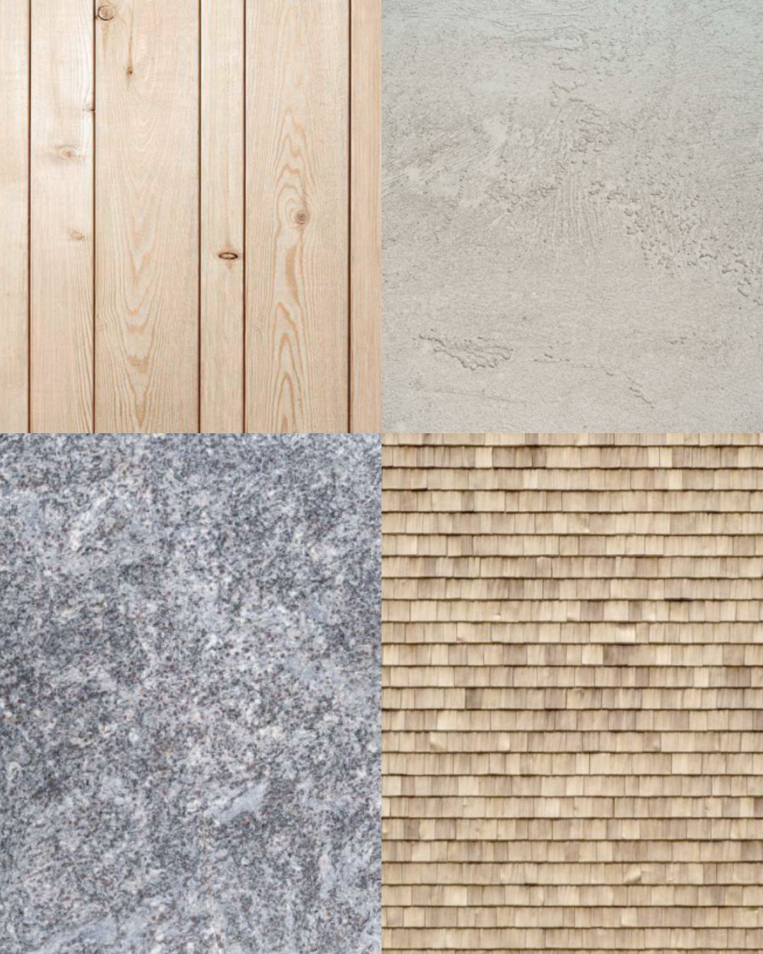 Quattro campioni di materiali disposti uno accanto all'altro: legno chiaro, intonaco a grana grossa, pietra naturale grigia e scandole di legno chiaro