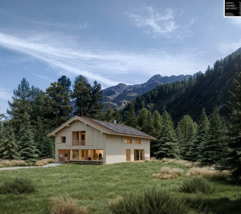 Casa a due piani interamente in legno, in stile architettonico alpino moderno, circondata da boschi e montagne, con ampie vetrate e uno spazio esterno soleggiato.